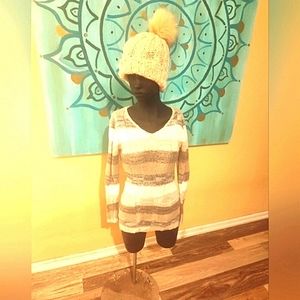 Get The Look! Striped Soft Long Sweater W Pockets & Cable Knit Hat W Fur Ball.